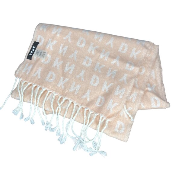 DKNY Blush Pink White Soft Cozy Monogram Logo Fringe Winter Scarf 68" X 11.5"‎ - Picture 1 of 3
